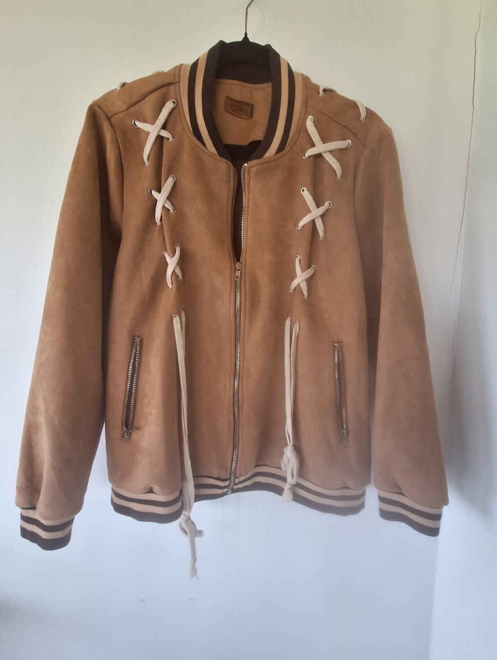 POL Camel Faux Suede Lace-Up Varsity Bomber Jacket
